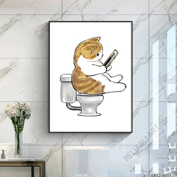 Модерна сладка котка куче четене вестник платно живопис животински баня тоалетна декорация живопис стая стена декор Cuadros