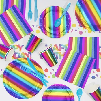Rainbow Carnival Празнично парти Комплект прибори за хранене за еднократна употреба Хартиени чаши Хартиени чинии Салфетки 1-ви Честит рожден ден Декор Детски