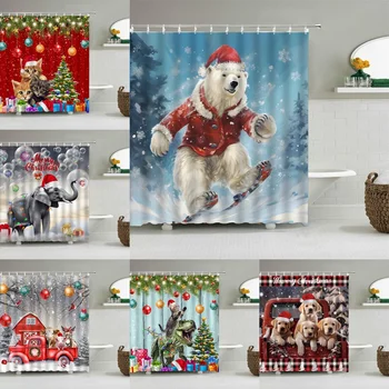 Коледа животински душ завеса зима снежен човек мечка кон котка слон динозавър червен камион Christma дърво снежинка баня декор