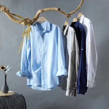 китайски стил случайни плътен цвят слънцезащита удобни дишаща мека памучна и ленена риза тънък мъжки бутон официална риза