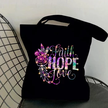 Funny Faith Hope Love Printed Tote Bag Women Harajuku Shopper Handbag Teens Shoulder Shopping Bag Fashion Canvas Bag