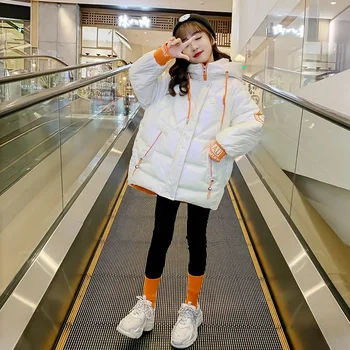 Момичета дрехи мода надолу памук яке зимата дебели топло писмо печат палто детски дрехи мед-дължина качулка върховете 4-14 години