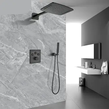 Сребърна скрита душ глава в стената, термостатичен бутон, функция за валежи, твърд меден материал, идеален за хотели и