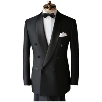 Костюм Homme Бизнес черни мъже костюми тънък годни 2 броя шал ревера сватба младоженец дрехи облекло случайни дневен комплект нетактичност панталони