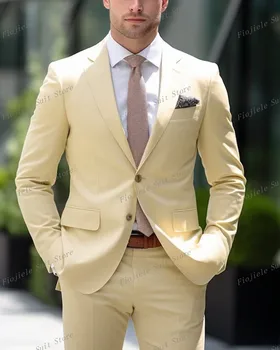 Светло жълти мъже бизнес костюм младоженец Groomsman Tuxedos сватбено тържество официален повод 2 парче комплект яке панталони
