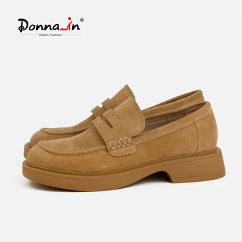 Donna-in платформа мокасини жени класически кратък нисък ток обувки луксозни истински крава велур кръг пръсти приплъзване на женски обувки мека подметка