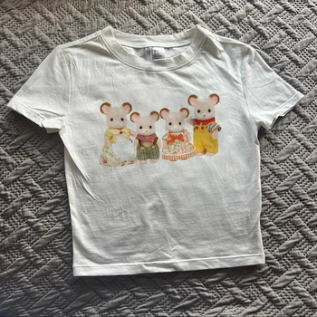 Y2k естетическа дамска къса тениска сладък заек печат улично облекло пънк бебе тениска Harajuku дрехи къс ръкав Емо момиче