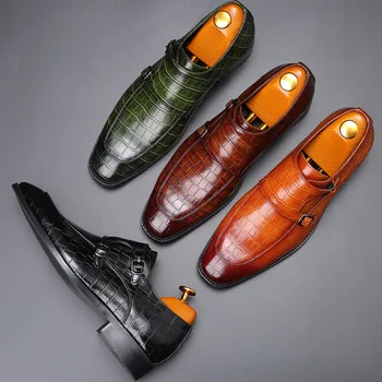 Мъжки ежедневни кожени обувки ретро стил заострени крокодил модел катарама мъжки бизнес кожени обувки джентълмен класически мъжки обувки
