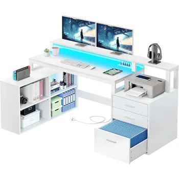  L оформено бюро с електрически контакти & LED светлини & шкаф за файлове Домашен офис бюро с мониторна стойка бял товар безплатно