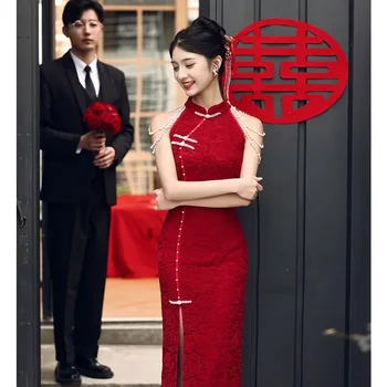 Секси Cheongsam тост облекло лято малка годежна рокля вино червена дантела китайски стил млади тънки жени Qipao сватбена рокля