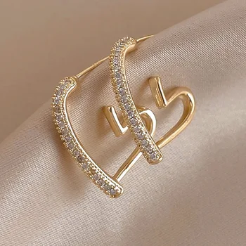 Модерен прост кристал злато цвят обеци за жени момиче кристал сърце минималистични обеци страна НОВ C-образна форма бижута подаръци