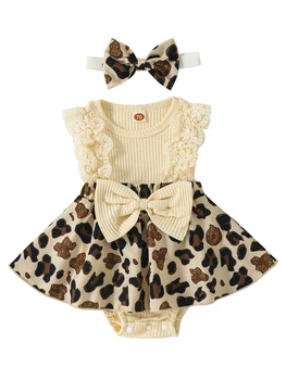 бебе момиче флорални гащеризон рокля с къдрава дантела пачуърк Bowknot лента за глава и сладък лък детайл - очарователни новородено лято облекло