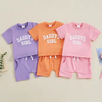 Новородено бебе момиче шорти комплекти летни дрехи къс ръкав писма тениска и ластик талия шорти 2-парче облекло бебе облекло
