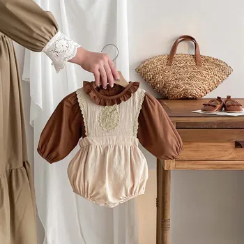 Baby Girl Suit French Ruffle Edge Shirt+ Бродирана дантела Цялостна гащеризон бебешки дрехи 0-24Months
