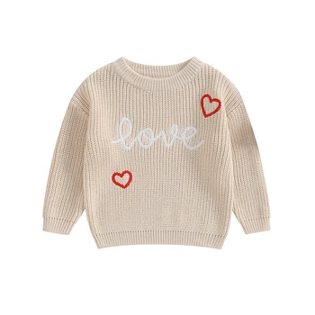 Geagodelia Бебе бебе момиче Ден на Свети Валентин пуловер писмо сърце модел джъмпер върховете дълъг ръкав кръг врата трикотаж пуловер