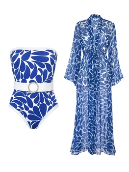 2024 Мода отпечатани едно парче бански и покриване на жените тъмно синьо кимоно колан бикини луксозни бански бански костюм плажно облекло