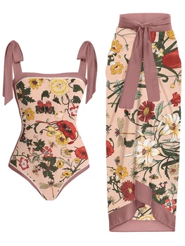 Реколта цветен печат едно парче бански покритие нагоре комплект жените мода дантела нагоре бикини луксозни бански бански костюм плажно облекло 2023