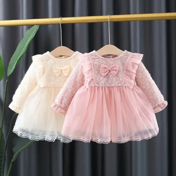 Бебешки дрехи Малко момиче рокли пролет и есен бебе дълъг ръкав дантела окото принцеса пола принцеса рокля 13-24m бебе момиче