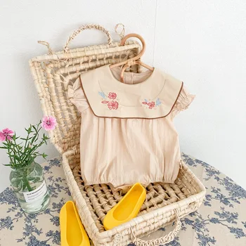 Корейски лято бебе новородено момиче гащеризон ревера яка фенер ръкав твърди памучни бродерия флорални принцеса бутик crawlwear