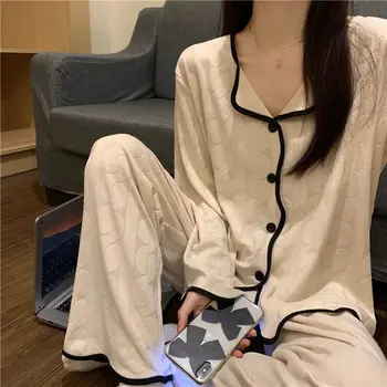 Спално облекло жени пролет есен Kawaii облекло пижами комплект дълъг ръкав дълги панталони тънък ревера студент висок клас Loungewear костюм