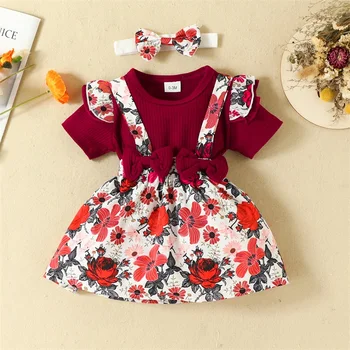 0-18M Бебе момиче есенни дрехи комплект летящ ръкав кръг врата гащеризон + цвете печат жартиера пола + лък лента за глава