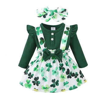 Baby Girl 3Pcs Outfits Set Green Romper Shamrock Print Suspender Skirt With Headband Clothes