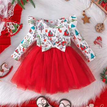 9M-4Y Коледа малко дете новородено бебе бебе момиче рокля сладък Коледа дърво лосове печат лък тюл парти рокли за момичета Вестидос