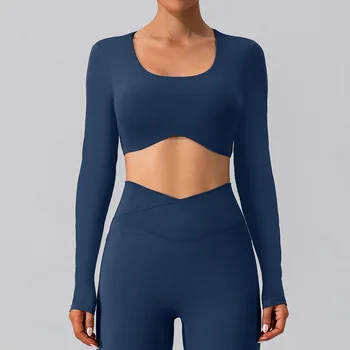 Antibom Секси Тесни йога ризи с дълъг ръкав Външна бърза суха спортна тениска Бягане голи фитнес Crop Top