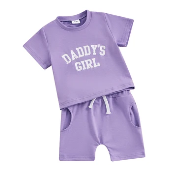 Малко дете бебе момиче дрехи татко момиче къс ръкав тениска върховете и еластична талия шорти новородено момиче лято облекло