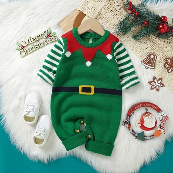 Коледа бебе бебе плета гащеризон колан &ивица печат дълъг ръкав кръг врата гащеризон фестивал дрехи