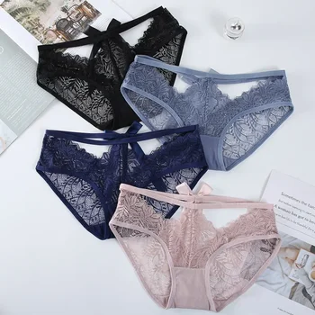 Sexy Mesh Японки Бразилски Colaless Големи гащи Слипове Ново в луксозната дантелена панделка Kawaii Pink Invisible Underwear Lingeries