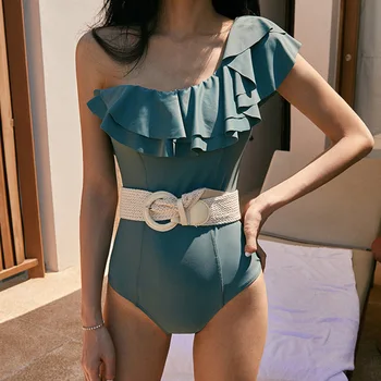 2021 Корея секси едно рамо едно парче бански жени твърди бански костюми къдри монокини изрязани бански костюм тънък бански костюм