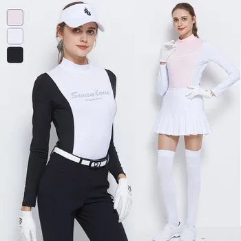 SG Жените стойка яка голф върховете дълъг ръкав голф тениски дама контраст цвят спортна риза еластична ветроупорен бельо S-XXL
