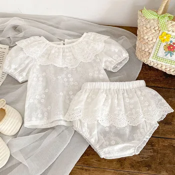 Ново бебе - момиче Комплекти летни дрехи Бял къс ръкав отгоре + дантелени шорти за хляб 2Pcs костюм памук дрехи за бебета