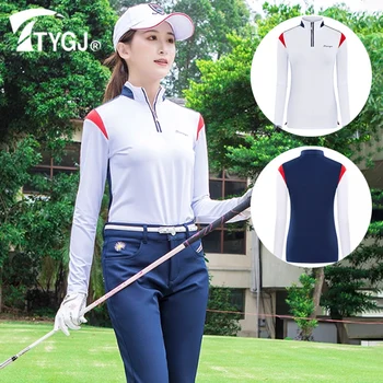 TTYGJ жени голф поло риза дами пачуърк цип яка голф тениска жени слънцезащитен дълъг ръкав върховете бързо суха ежедневна блуза