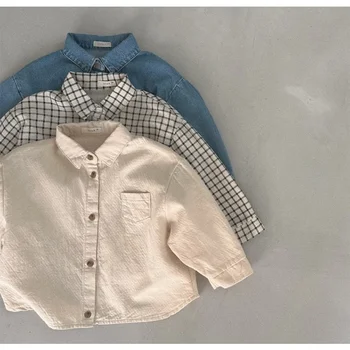 Детска жилетка палто памук дълъг ръкав плътен цвят риза корейски япония стил пролет есен бебе момичета момчета случайни хлабав риза 2024