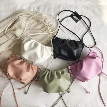 Мода PU кожа рамо чанта набръчкани облак модел плътен цвят crossbody чанти за жени светлина луксозен дизайнер чанта