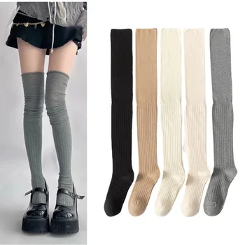 Мода плътен цвят бедрото високи чорапи жени случайни над коляното женски дълги чорапи термично топло памук висок тръба гамаши