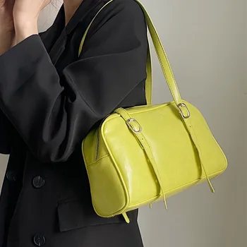 плътен цвят PU кожа Дамски чанти за рамо Дамски чанти с голям капацитет Дамска чанта за подмишници Ежедневни дамски чанти Чанта за пътуване