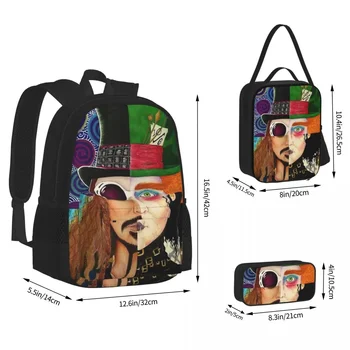Johnny Depp Character Collage Backpacks Bookbag Детски ученически чанти Cartoon Kids Rucksack Lunch Bag Pen Bag Комплект от три части