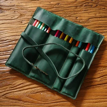 Естествена кожа молив торбичка минималистичен литературен молив чанта реколта телешка писалка чанта многофункционални подвижен писалка чанта канцеларски материали