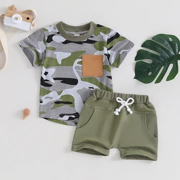 Малко дете момче камуфлаж облекло бебе камуфлаж облекло къс ръкав тениска топ шорти комплект летни ловни дрехи