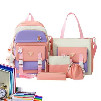 Kawaii раница комплект момичета раница комплект среден студент bookbag голям капацитет ученическа чанта с рамо чанта молив чанта голяма пазарска чанта