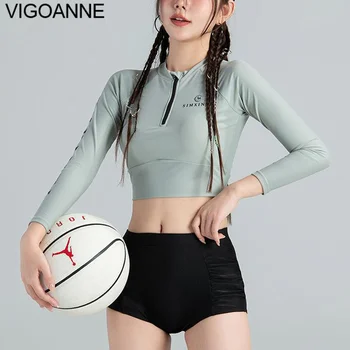 VigoAnne 2023 Твърди бански костюми с дълъг ръкав жени с висока талия секси бикини комплект корейски плаж бански спортен писмо печат бански костюм
