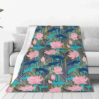 Арт деко лотосови цветя в розово тъмно одеяло покривка на леглото юрган легло одеяло ултралек