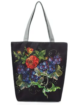Женски платно чанта мода колоритен бродерия флорални и птица печатни дама рамо чанта летни жени мъкна еко пазарска чанта