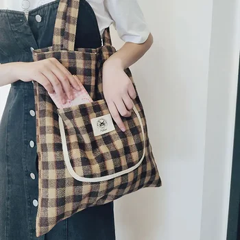 Youda вълнена чанта жени купувач женски дизайнерски чанти за съхранение на околната среда за многократна употреба момичета решетка платно рамо голяма пазарска чанта