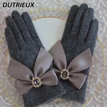 Ръчно изработени аксесоари за жени японски стил лък ръкавици кристал скъпоценен камък сладко сладко момиче зимни топли вълнени шофьорски ръкавици