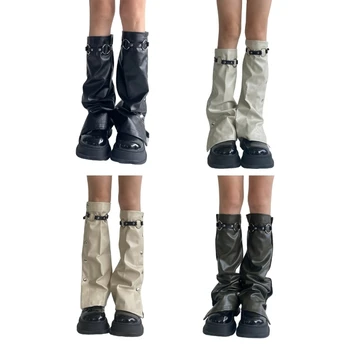 Q1FA жени момичета Pu кожа крак нагреватели коляното високо обувка чорапи зимата крак Sover