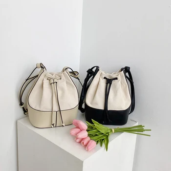 Дамска чанта стил шевове платно малки кофи чанти за жени 2023 нова марка чанта за рамо чанти случайни пискюл crossbody чанта
